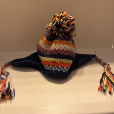 LL Bean Knitted Beanie Hat Kids Youth Pom Pom Striped Colorful Winter M/L