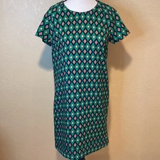 Sans Souci Green, Blue, Orange Diamond Pattern Dress, Size Medium