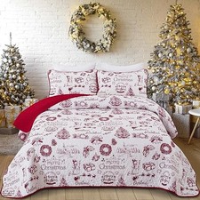 Christmas Quilt Set Queen Snowman Village Pattern Queen 90"x96" Red Village