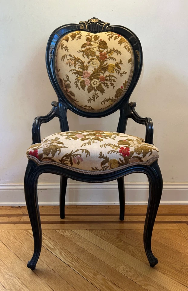 Pair Vintage Louis XV Style Armchairs – Brown & Gold Frame, Floral Upholstery - Image 2 of 4