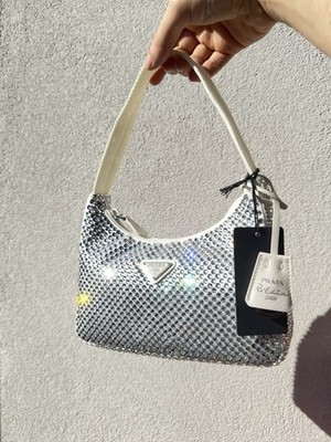 Prada Re-Edition 2000 Tasche Crystal Satin Bianco NEU - FULL SET mit Zertifikat
