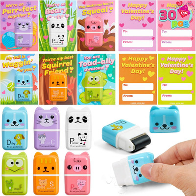 30 PCS Valentines Cards Animal Erasers & Cleanup Roller Classroom Gifts for Kids