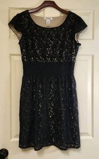 Womens Pinky Black Lace/ Gold Lined Smocked Waist Dress Size Large