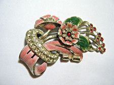 Vintage 30s Coro Rhinestone Pink Floral Camelia Bouquet Signed Fur Dress Clip