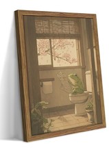 Framed Vintage Funny Bathroom Wall Art, Cute Frog Reading on Toilet Canvas Pr...