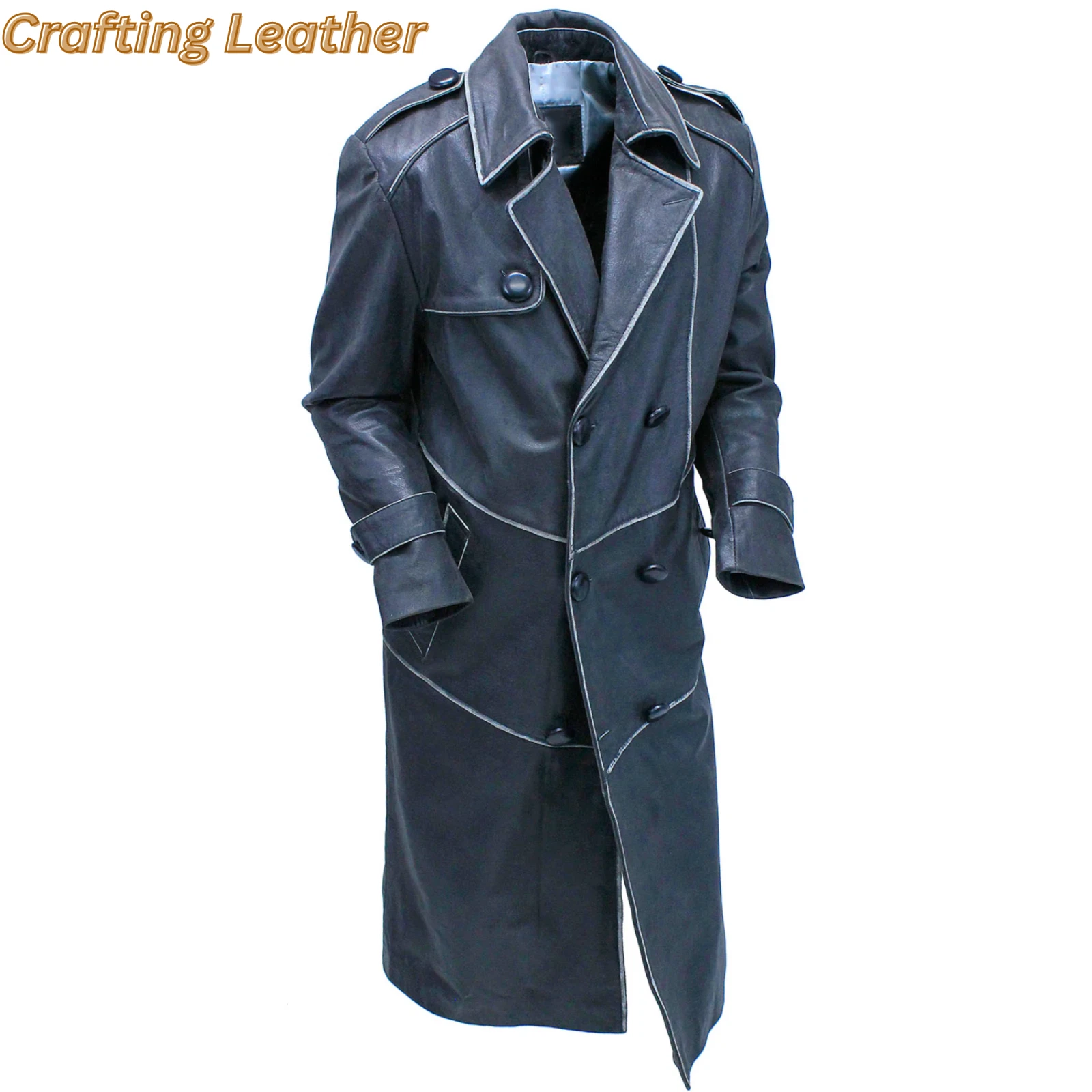Men's Black Trench Long Coat Handmade Genuine Lambskin Leather Winter Overcoat
