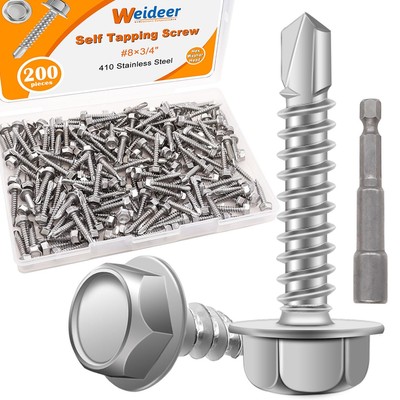 weideer 200pcs #8×3/4'' Self Tapping Screws for Metal, 410 #8×3/4, Silver 