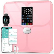ABLEGRID Smart Body Fat Scale Pink LED Display 16 Metrics Bluetooth Rechargeable