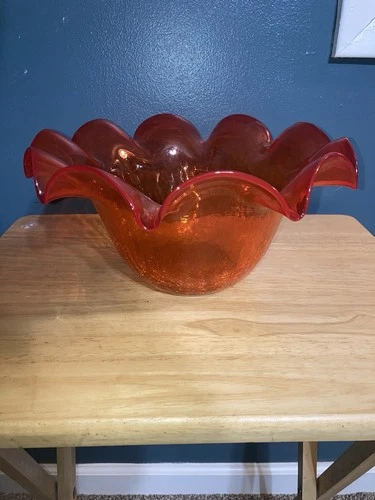 Orange Crackle Glass Ruffled Bowl 11 Inch Hand Blown Blenko Style Glass Bowl