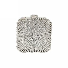 Women Metal Box Crystal Clutch Purse Evening Bag Wedding Mini Square Silver
