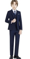 Navy Blue Boys Suit Slim Cut 5 Pc Set Jacket Pants Vest Dress Shirt Tie Size 12