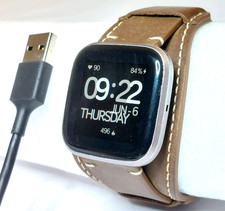 Fitbit Versa Smartwatch HR Fitness Silver Case Brown Leather Bands OEM - Tested