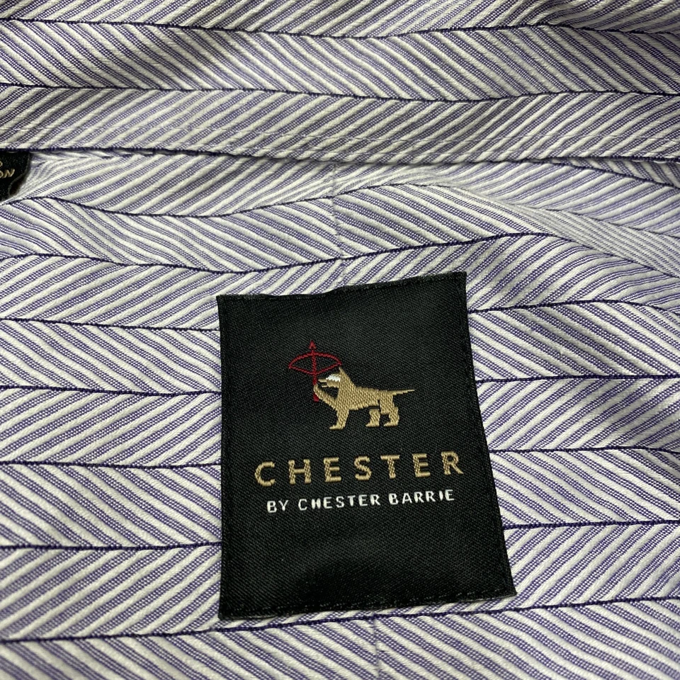 Chester Barrie Button-Up Shirt 17 Men's Blue White Striped Long-Sleeve French - Image 3 of 4