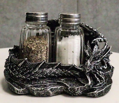 Fire Spice Gothic Medieval Sleeping Dragon Salt Pepper Shakers Holder Figurine