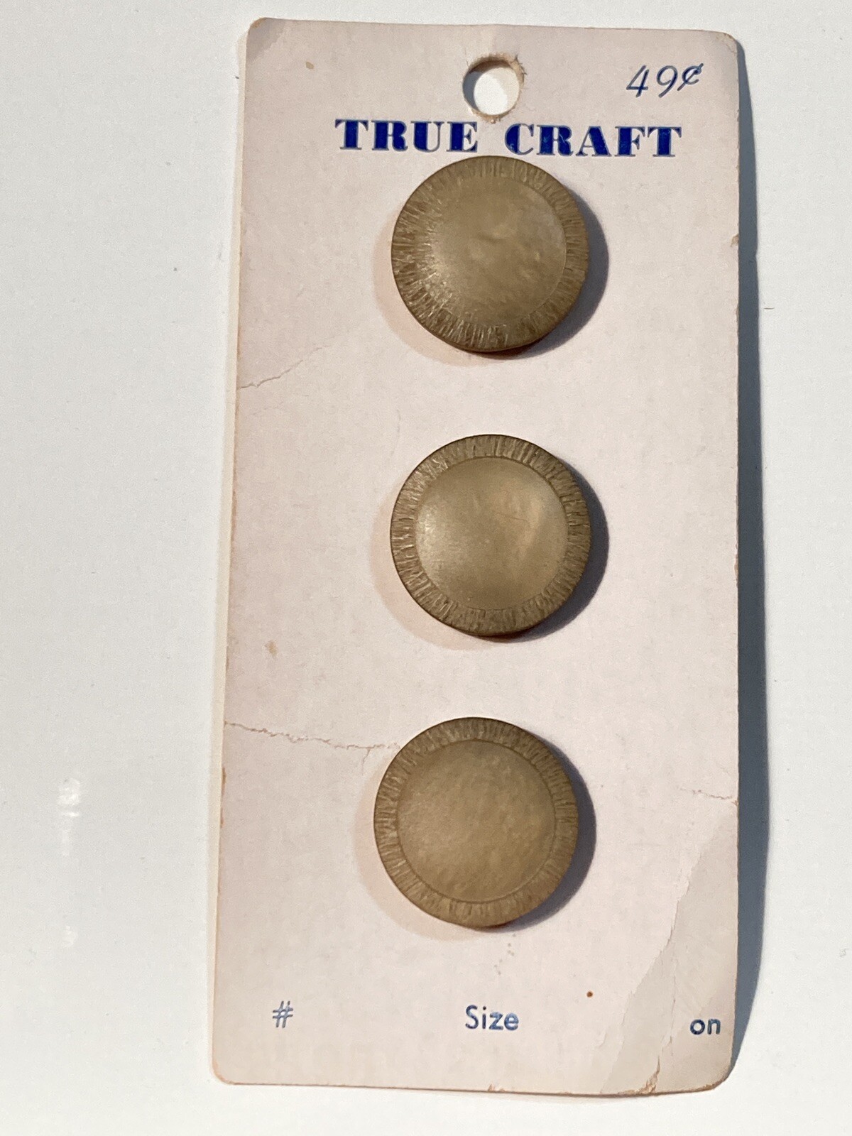 VTG True Craft Plastic Buttons Tan Khaki Marble Tunnel Shank 11/16" 3 on Card