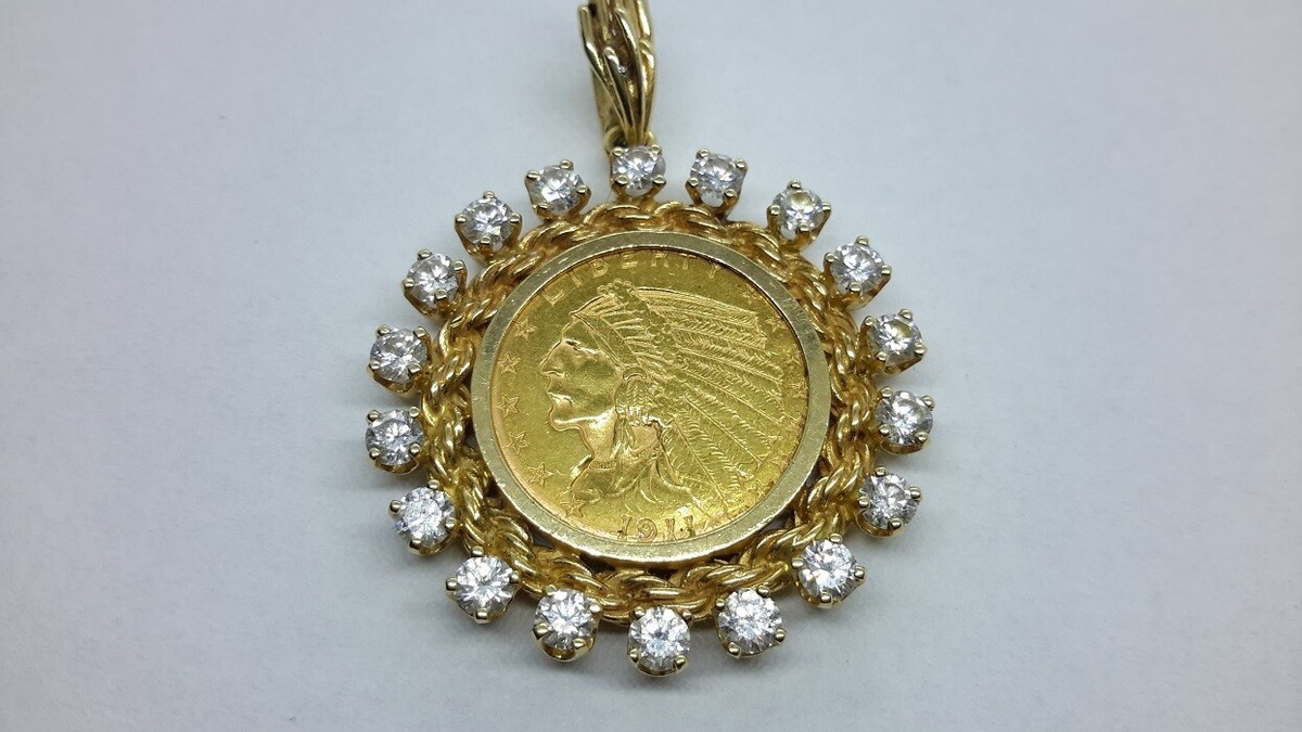 US $2.50 Indian Gold Coin 1911 Pendant with Diamonds 14k