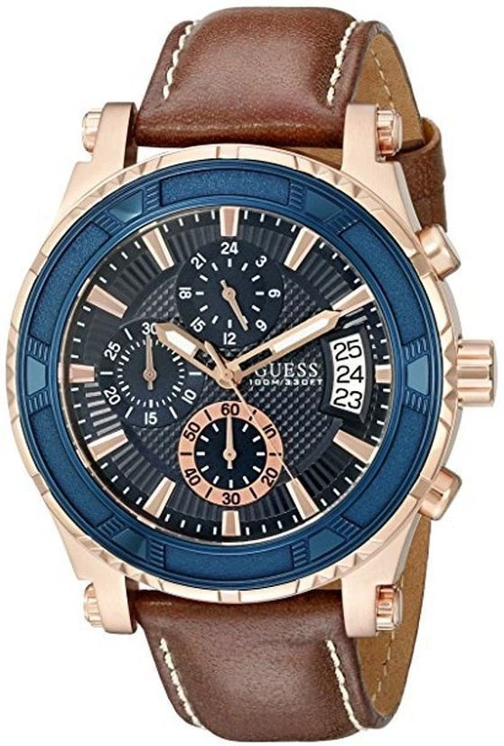 New Guess Men W0673G3 Navy Round Chrono Dial Brown Leather Band
