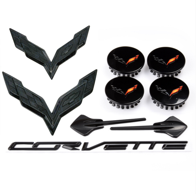 9pc Black Checkered Flags Stingray Wheel Center Caps Emblems Kit Fit C7