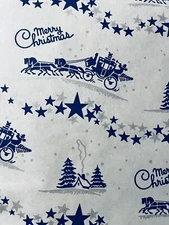 VTG MERRY CHRISTMAS WRAPPING PAPER GIFT WRAP STAGECOACH SILVER BLUE 1940s