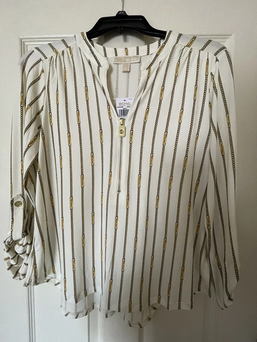 Michael Kors Blouse Size L Long Sleeve Basics Color Bone Gold NEW