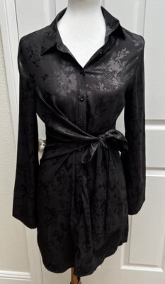 Odoca Amazon Women's Size M Floral Jacquard Knot Front Shirt Dress Black |  eBay