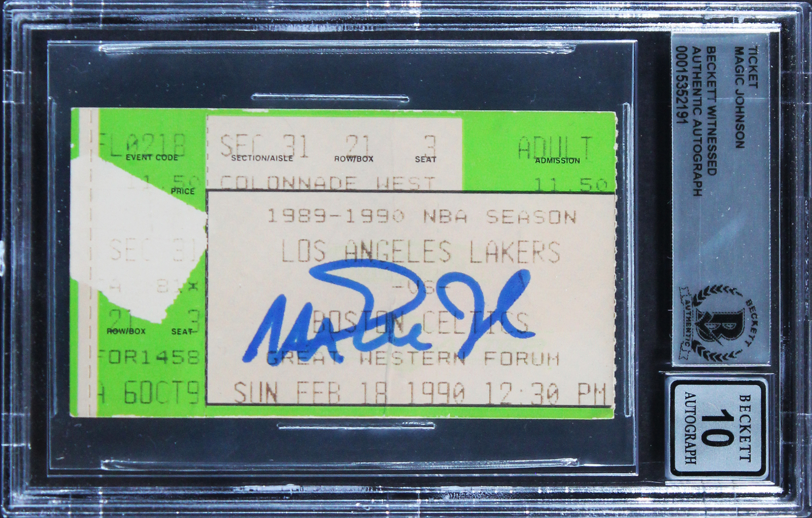 Magic Johnson Autographed Signed 2/18/1990 Celtics Vs. Lakers Ticket Stub Auto 10 Beckett Slab 