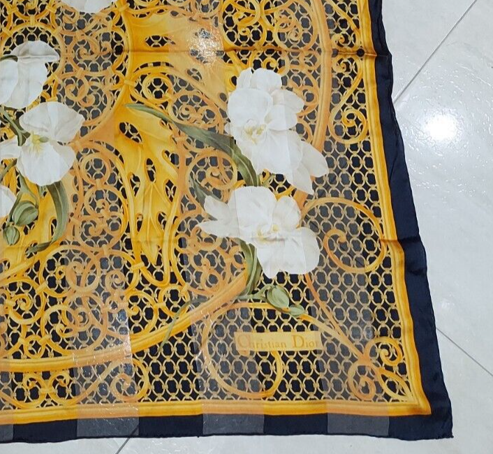 Chic Scarf CHRISTIAN DIOR Bloom Flowers Dark Blue Golden Striped