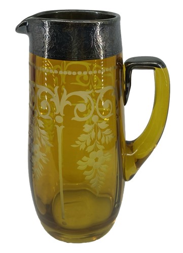 Victorian Silver Overlay Water Pitcher Abstract Vintage Etched Amber Glass