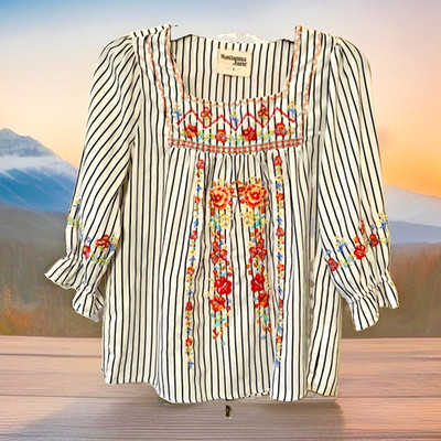 Savanna Jane Floral Embroidered Boho Striped Blouse Peasant Top S/M EUC CUTE 