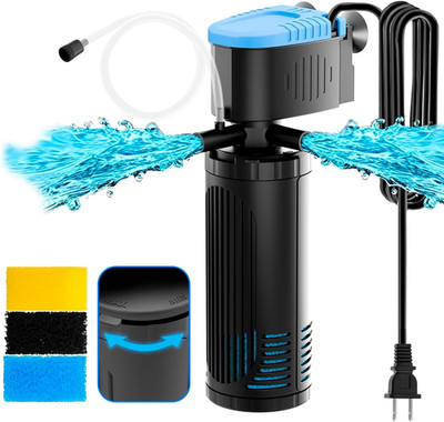 300GPH Internal Aquarium Filter, 3-Stage Fish Tank Filter with Dual Outlets & Ae