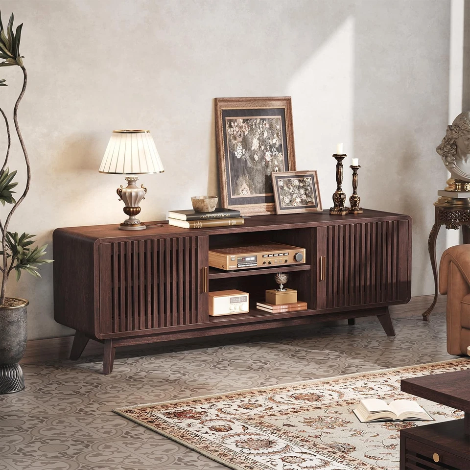 Soporte de TV de 63"" para televisores de hasta 72", consola de TV con 2 puertas correderas en rejilla de... Foto 2 de 4