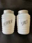 Hazel Atlas Milk Glass Beehive Salt & Pepper Range Shakers W/ Black Script Vtg