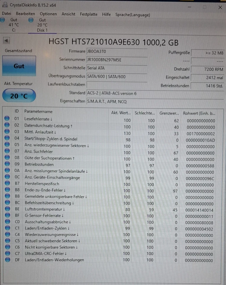 1000GB 1TB Festplatte  HGST HTS721010A9E630  7.200 U/min.  2,5 Zoll (6,35cm) - Bild 2 von 2