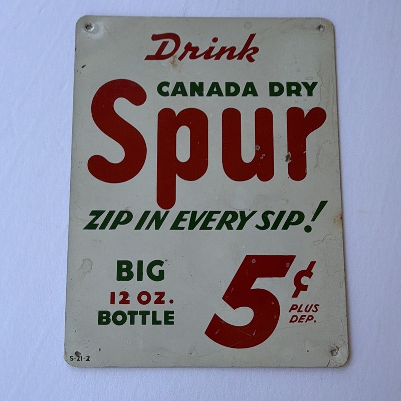 Vintage Canada Dry Spur Soda Sign 8x6 Metal 5¢ Original 1940s–50s Advertising