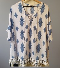 Show Me Your Mumu Tennessee Tassel Tunic Top Blue White Boho Lace Up Large