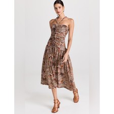 Ulla Johnson Marcella Ruched Floral-Print Cotton Halter Midi Dress size 4 Brown