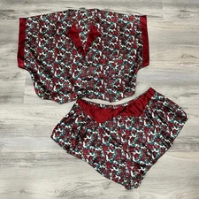 Vintage Kathryn Red Floral Satin Crop Pj Short Set Girly Sexy Feminine Large