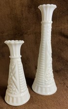 Milkglass 2 Bud Vases Anchor Hocking Stars & Bars Pattern 1-6” Tall & 1-9” Tall