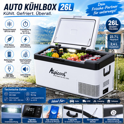 Alpicool tragbarer Kühlbox 26L Kühlschrank Auto Camping -20  | +20  | 12V 24V