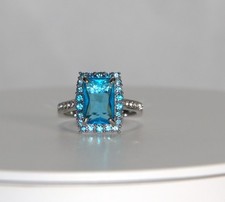 Silver Plated Blue Rectangular AAA CZ Cocktail Ring Size 8.5, 12.7mm Stone, New