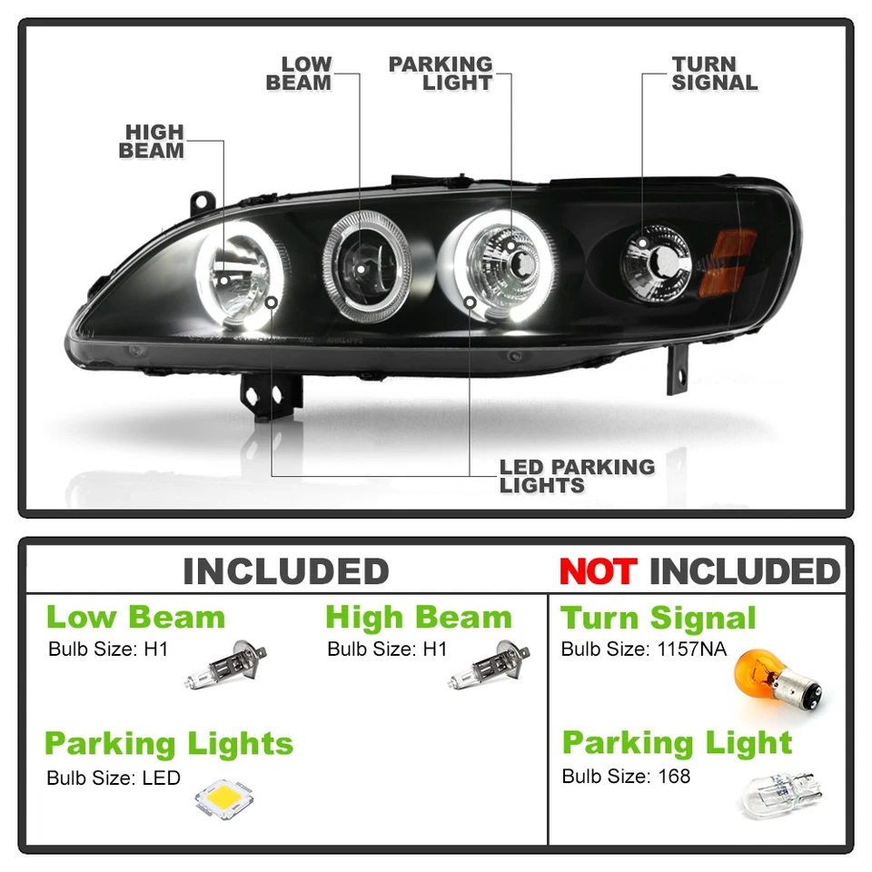 For Black 1998-2002 Honda Accord 2/4Dr LED Halo Projector Headlights Left+Right - Изображение 4 из 4