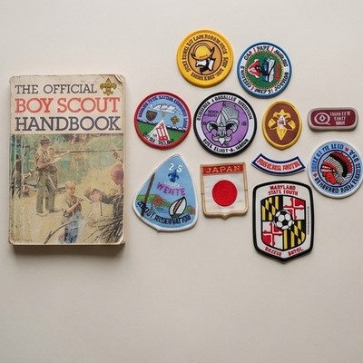 Vintage Boy Scout Lot 11pc Handbook 1988 Patches Merit Badge Japan Maryland