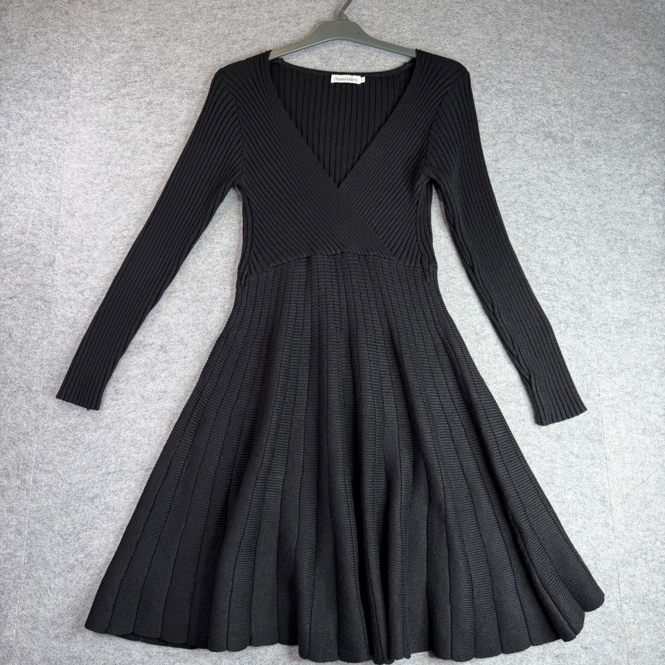 ATMOS & HERE Black Long Sleeve Wrap Style Knitted Dress, Fit & Flare, Size Large