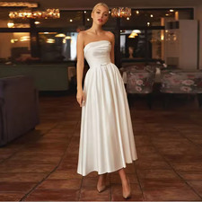 Sexy Tea Length Wedding Dress A Line Silk Satin Bride Dress Simple Bridal Gown