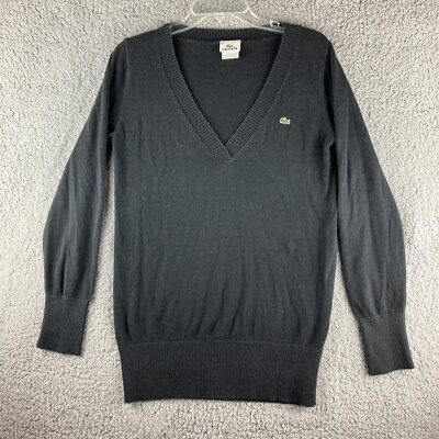 Lacoste Sweater Mens Size EUR 42 Large V Neck Pullover Black 100% Cotton