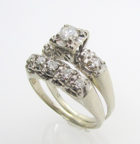 14K WHITE GOLD 1/2 CTW VINTAGE GENUINE DIAMOND BRIDAL RING SET SIZE 8.25 - 5.6G - Picture 4 of 5