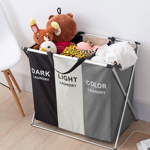 Folding Light Dark Colour 3 Section Laundry Basket Hamper Clothes Bin Organiser - Picture 9 of 16