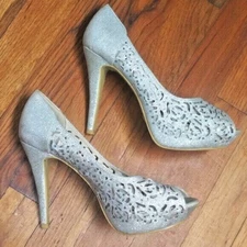TOP Moda Silver stilettos Peep toe shimmery embellished fancy party Cinderella