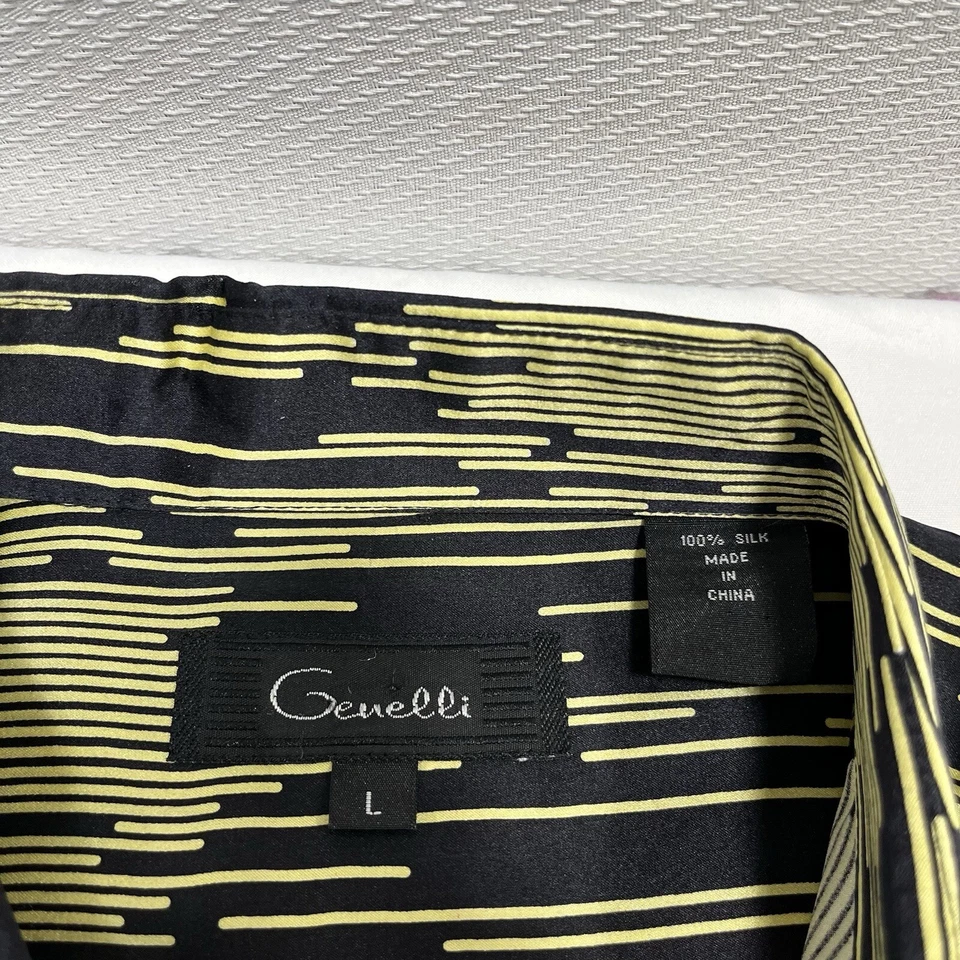 Camisa Genelli Hombre Manga Larga 100% Seda Grande Negro y Dorado Diseño Geométrico Foto 3 de 4