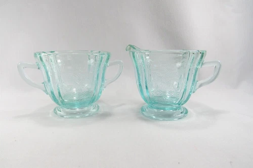 Vtg Indiana Glass Federal Madrid Recollection Teal Aqua  Creamer and Sugar Bowl